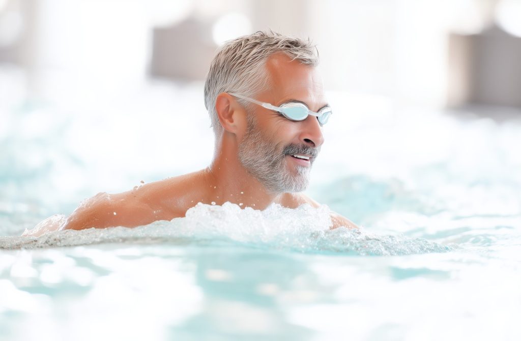 A white man in his 50s swims laps in an indoor pool, wearing goggles and smiling, showcasing athleticism and joy in a serene environment